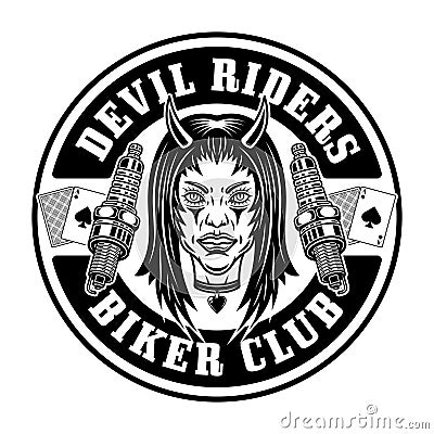 Biker club vector round emblem, logo, badge, label, sticker or print with devil girl head and spark plugs. Illustration Vector Illustration