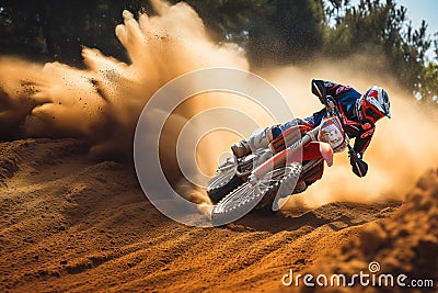 biker cornering fast on a dirt track with dust flying Stock Photo