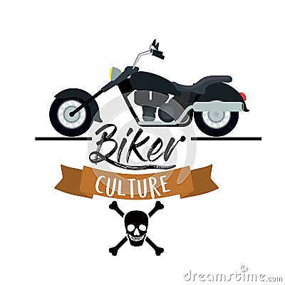 Biker culture poster with classic vintage motorcycle with skull and bones symbol in white background Vector Illustration