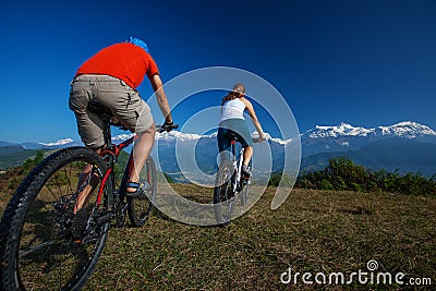 Biker family in Himalaya mountains Stock Photo