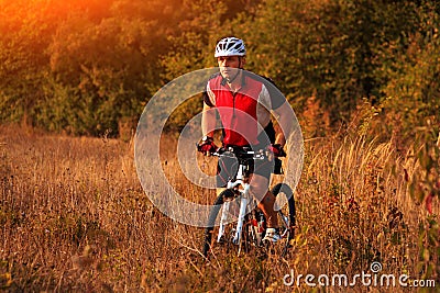 Biker on the forest road riding outdoor Stock Photo