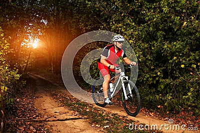 Biker on the forest road riding outdoor Stock Photo