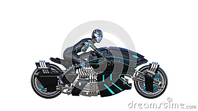 Biker girl with helmet riding a sci-fi bike, black futuristic motorcycle isolated on white background, side view, 3D render Stock Photo