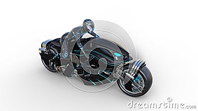 Biker girl with helmet riding a sci-fi bike, black futuristic motorcycle isolated on white background, top view, 3D render Stock Photo