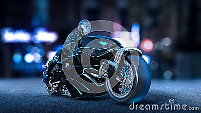 Biker girl with helmet riding a sci-fi bike, woman on black futuristic motorcycle in night city street, 3D render Stock Photo