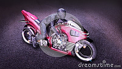 Biker girl with helmet riding a sci-fi bike, woman on red futuristic motorcycle in night city street, top view, 3D render Stock Photo