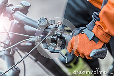 Biker Holds Bike Helm Stock Photo