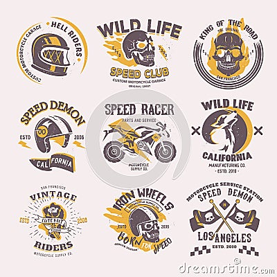 Biker logo vector rider on motorcycle or bike and speed motorcyclist racer on logotype motor emblem illustration racing Vector Illustration