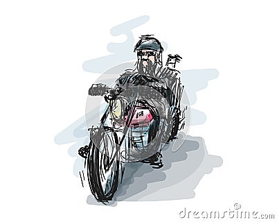 Biker motorcycle with powerful motor on speed road. Fast moto vector illustration. Hand drawn paint art for print template Vector Illustration