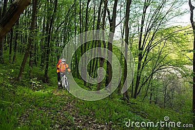 Biker in orange jersey on the forest road Stock Photo