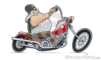 Biker ride at motorcycle. Cartoon character. Vector Illustration