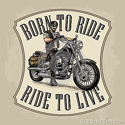 Biker riding a motorcycle. Vector engraved illustration Vector Illustration