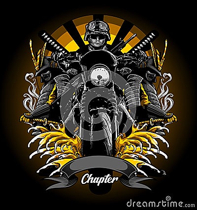 biker riding vintage bike in samurai background Vector Illustration