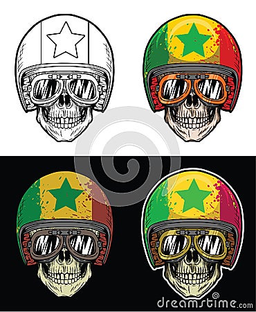 Biker Skull Wearing Goggles and Grunge Senegal Flag Helmet, Hand Drawing Skull Vector Illustration