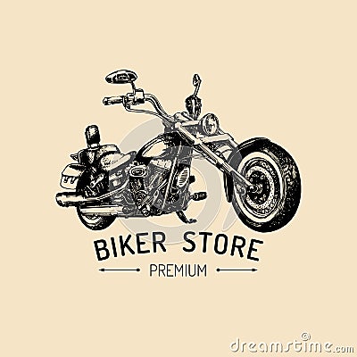 Biker store advertising poster. Vector hand drawn chopper for MC sign, label. Vintage detailed motorcycle illustration. Vector Illustration