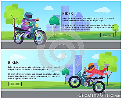 Biker on Street Motorbike Riding on Road Cityscape Vector Illustration