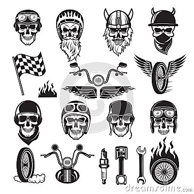 Biker symbols. Skull bike flags wheel fire bones engine motorcycle vector silhouettes Vector Illustration