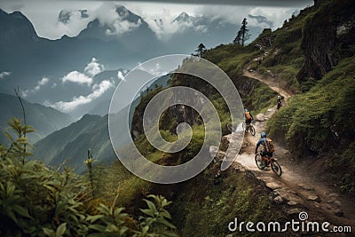 bikers ascending steep mountain trail, with view of breathtaking scenery Stock Photo