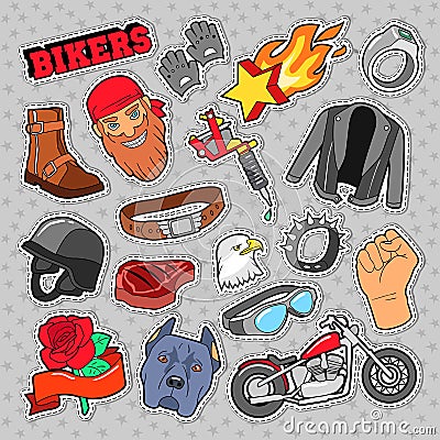 Bikers Elements with Chopper and Motorcycle for Prints, Stickers, Patches, Badges Vector Illustration