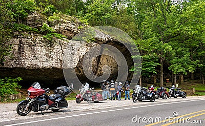Bikers stopped for a respite while in Arkansas to ride the winding roads Editorial Stock Photo