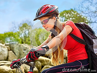 Bikes cycling girl into park. Stock Photo