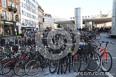 Bikes parked iat Norreport train station Editorial Stock Photo