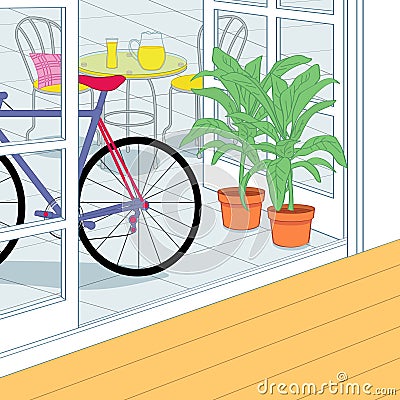 Bikes and table relax on the terrace Vector Illustration