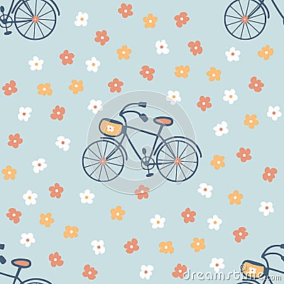 Biking bliss seamless pattern with simple daizy flowers. Summer aesthetic print for fabric, paper, textile. Hand drawn vector Vector Illustration