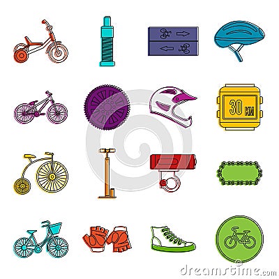 Biking icons doodle set Vector Illustration