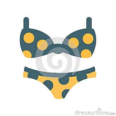 Bikini Female Swimsuit In Blue And Yellow With Polka-Dotted Pattern, Part Of Summer Beach Vacation Series Of Vector Illustration