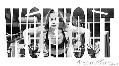 Bikini fitness girl working out with dumbbells. Athlete woman in sportswear doing exercise in gym. Motivation sign. Stock Photo