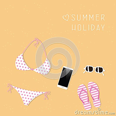 Bikini smartphone sunglasses and flipflops lady summer fashion Vector Illustration