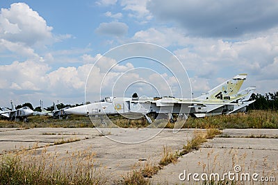 The view on disassembled Ukrainian Sukhoi Su-24 supersonic all-weather attack aircraft Editorial Stock Photo