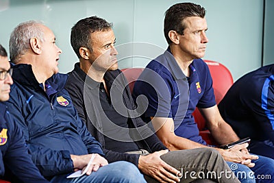 BILBAO, SPAIN - AUGUST 28: Luis Enrique and Juan Carlos Unzue, the coaching staff, in the match between Athletic Bilbao and FC Bar Editorial Stock Photo