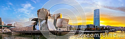 Bilbao, Spain - NOV 20, 2021: awesome evening panoramic view of The Guggenheim Museum designed by Frank Gehry and embankment Editorial Stock Photo