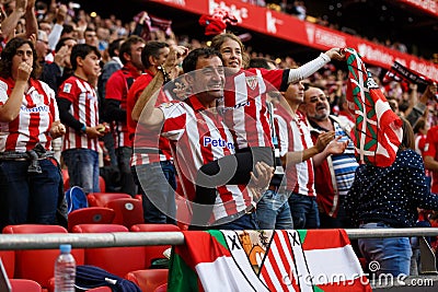 BILBAO, SPAIN - SEPTEMBER 18: Unidentified Bilbao fans, in action during a Spanish League match between Athletic Bilbao and Valenc Editorial Stock Photo