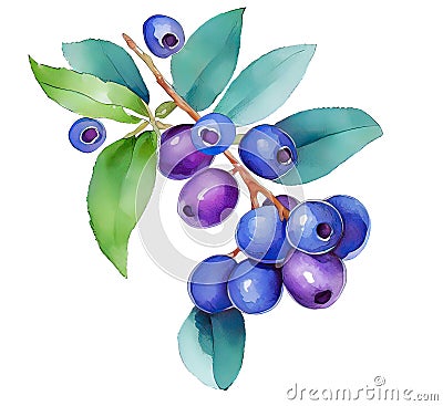 Bilberries on a branch isolated on white background. Generative AI watercolor illustration Cartoon Illustration