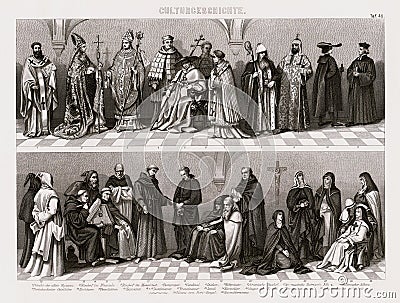 1874 Bilder Costume Print of Catholic Clergy and Sacred Church Orders Stock Photo