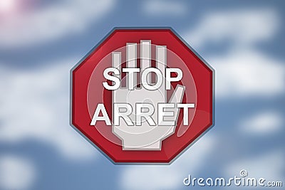 Bilingual Stop sign on blurred cloud background Stock Photo