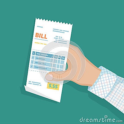 Bill in man hand. Icon sales shopping check, receipt, invoice, order. Paying bills. Payment of goods,service, utility, restaurant. Vector Illustration