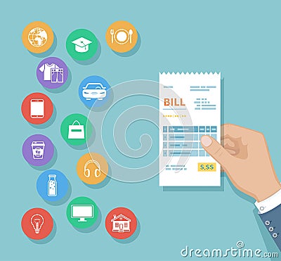 Bill in man hand. Set of service icons. Shopping, check receipt invoice order. Paying bills. Payment of goods, services, utility Vector Illustration