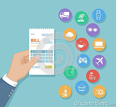 Bill in man hand. Set of service icons. Shopping, check, receipt, invoice, order. Paying bills. Payment of goods, services Vector Illustration