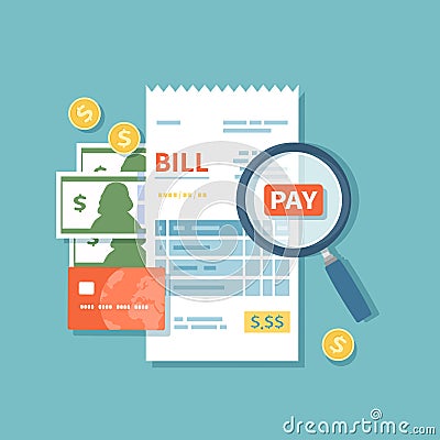 Bill paying. Paper check, reciept, invoice, order icon. Bill with magnifying glass, cash money banknotes, gold coins, credit card. Vector Illustration