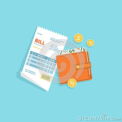 Bill paying. Paper check, reciept, invoice, order icon. Bill with purse, cash money banknotes, gold coins. Payment of goods Vector Illustration