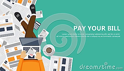 Bill payment design in flat style. Paying bills concept. Man sitting on the floor with lap top and paper bill in his lap. Flat vec Vector Illustration