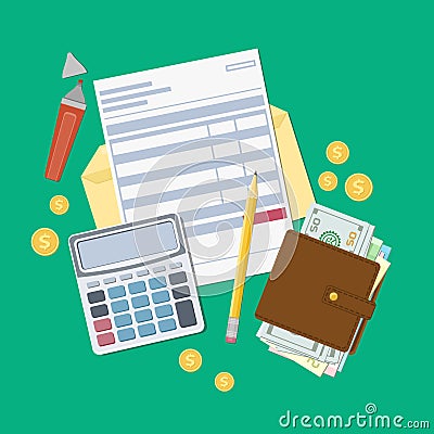 Bill payment or a tax invoice. Open envelope with a check, calculator, purse with money, pencil, marker, gold coins. View from Vector Illustration