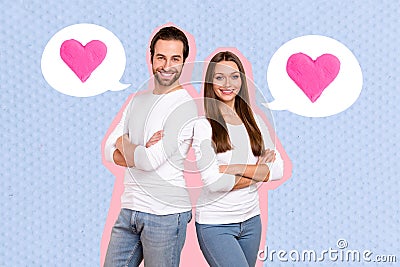 Billboard advertisement dating website matches partners collage of girlfriend boyfriend folded arms enamored isolated on Stock Photo