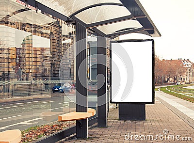 Billboard, banner, empty, white at bus stop Stock Photo