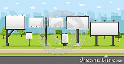 Billboard blank set. Urban landscape with empty billboard. City outdoor blank banner large format for advertise media Vector Illustration