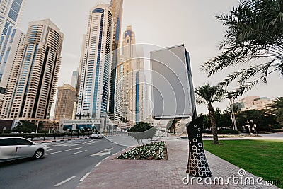 Billboard with space for text on the background of skyscrapers- Image Stock Photo